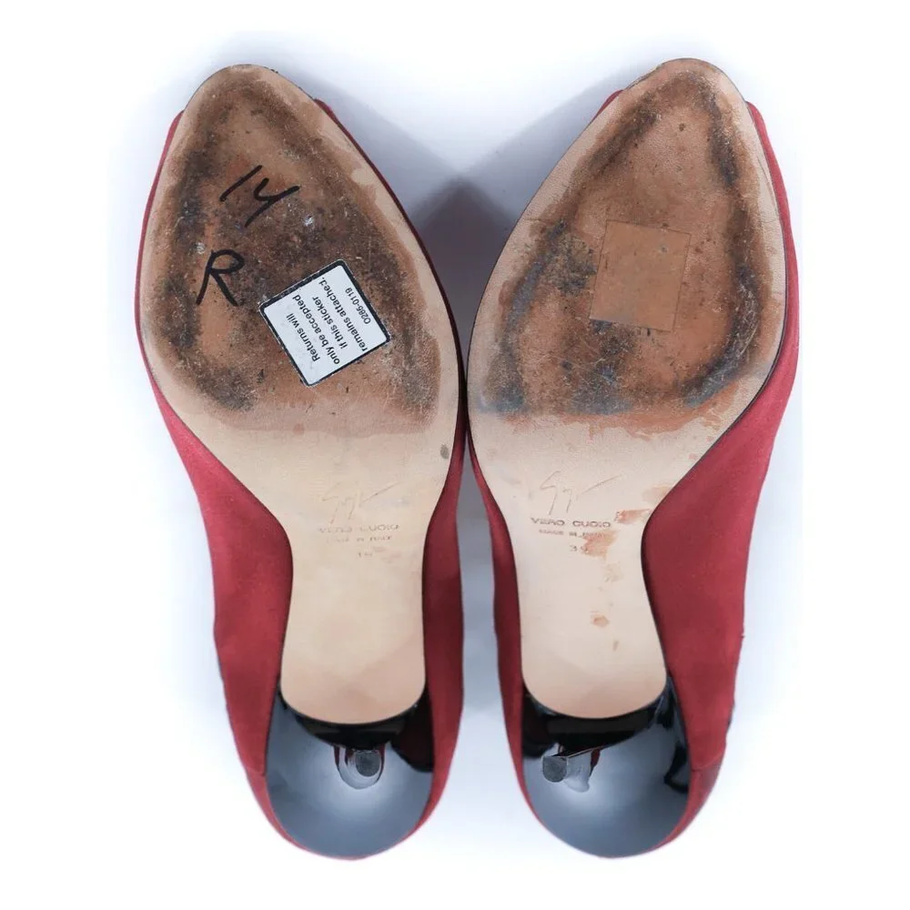 GIUSEPPE ZANOTTI Burgundy Caged Satin Peep Toe Pumps Heels